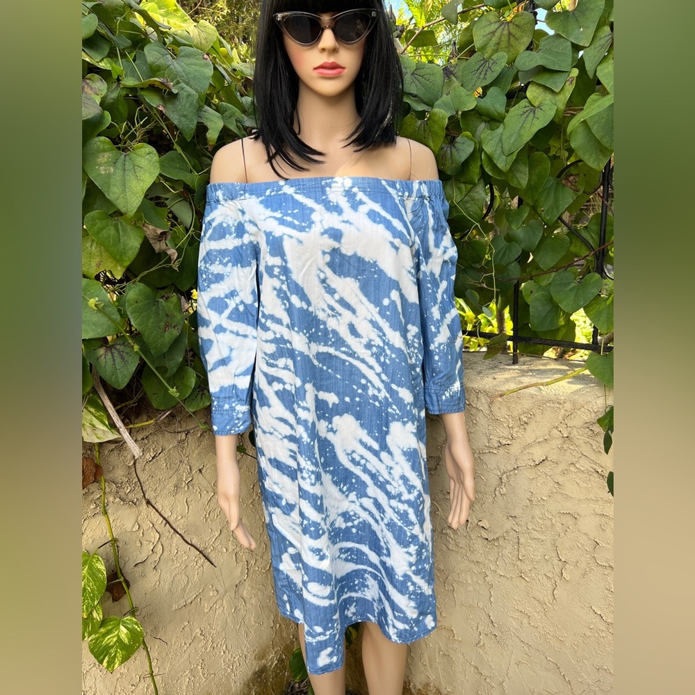 Blue and White Denim Art  Off-Shoulder Dress